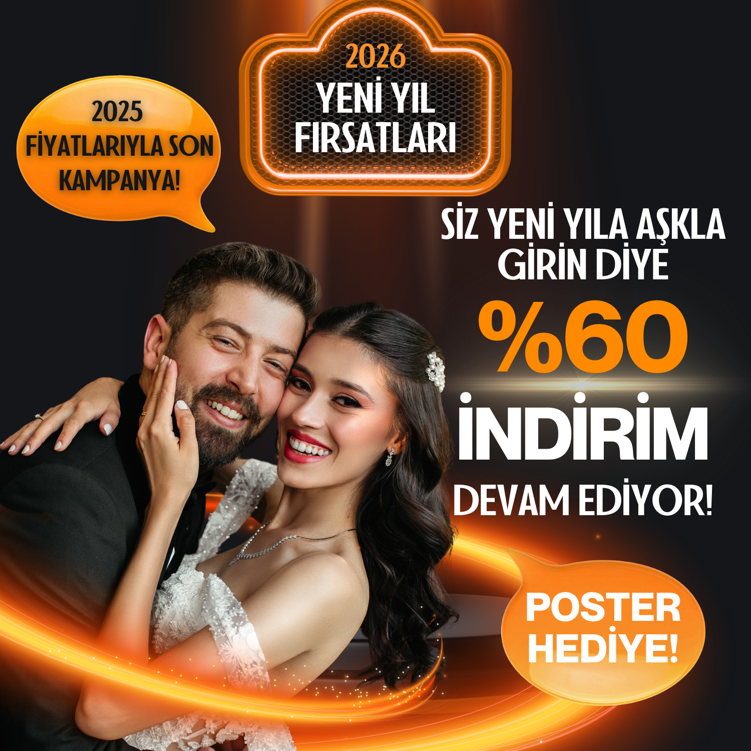 Turuncu, Siyah ve Beyaz, Profesyonel ve Modern, 2026 Yeni Yıl İndirim Kampanyası, Instagram Gönderisi (1500 x 1500 piksel)-2